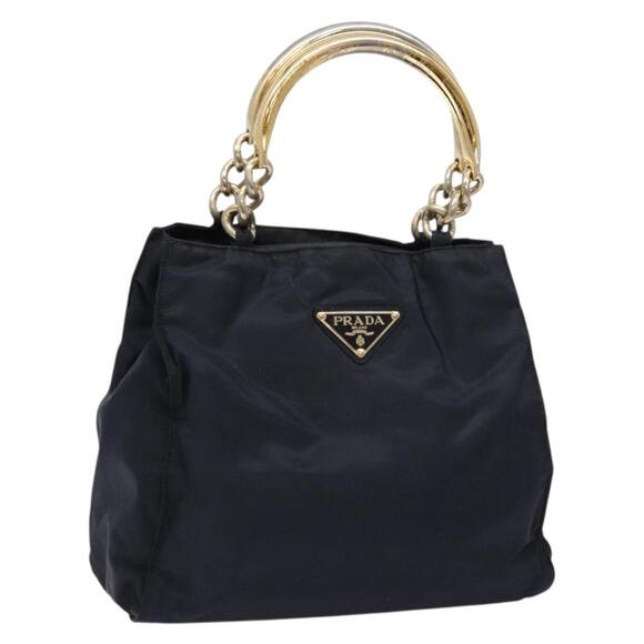 PRADA Hand Bag Nylon Navy Gold - Picture 1 of 12